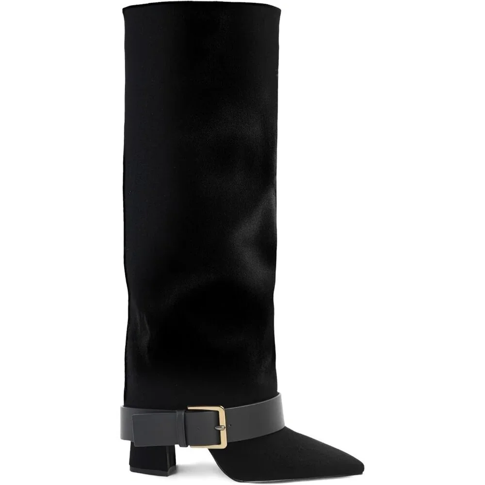 Women's Black Suede Knee High Boots Fold Over High Heel Belt Buckle Fall Long